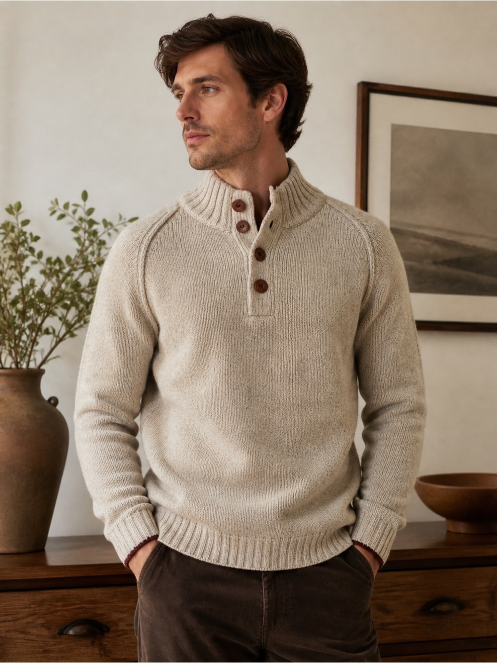 Brooks Brothers 100% Wool Henley Sweater XL Cream Red Classic